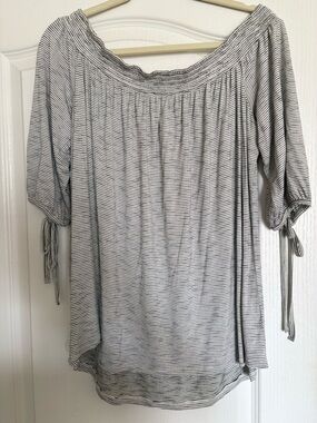 Striped Off-Shoulder Tie-Sleeve Women’s Top - Gray/White